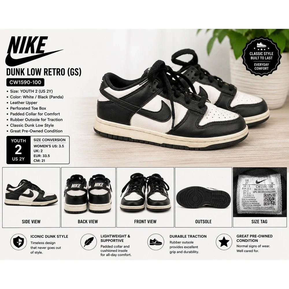 Nike Dunk Low Retro GS Panda White Black CW1590-100 Kids Youth Size 2Y Sneakers